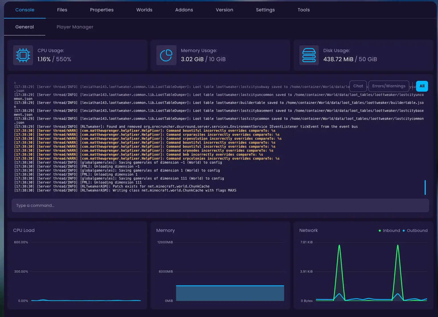 WiseHosting server performance panel