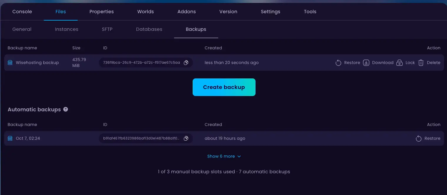 WiseHosting automatic backups panel
