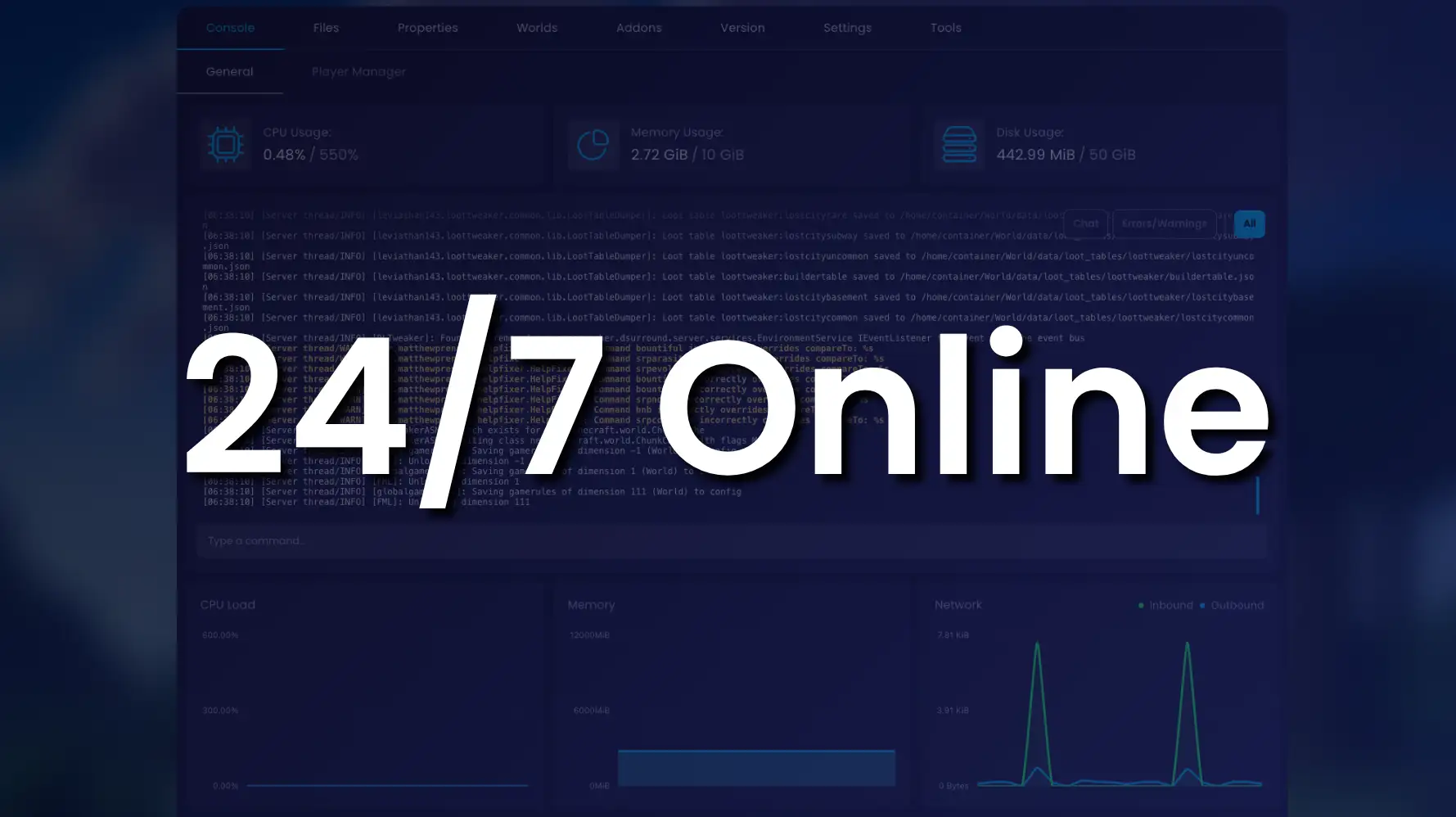 WiseHosting panel showing a server that is always online