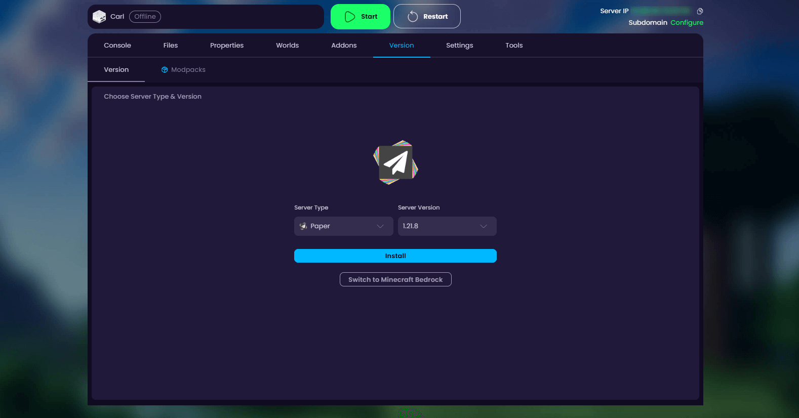 Version selector for server type and Minecraft version