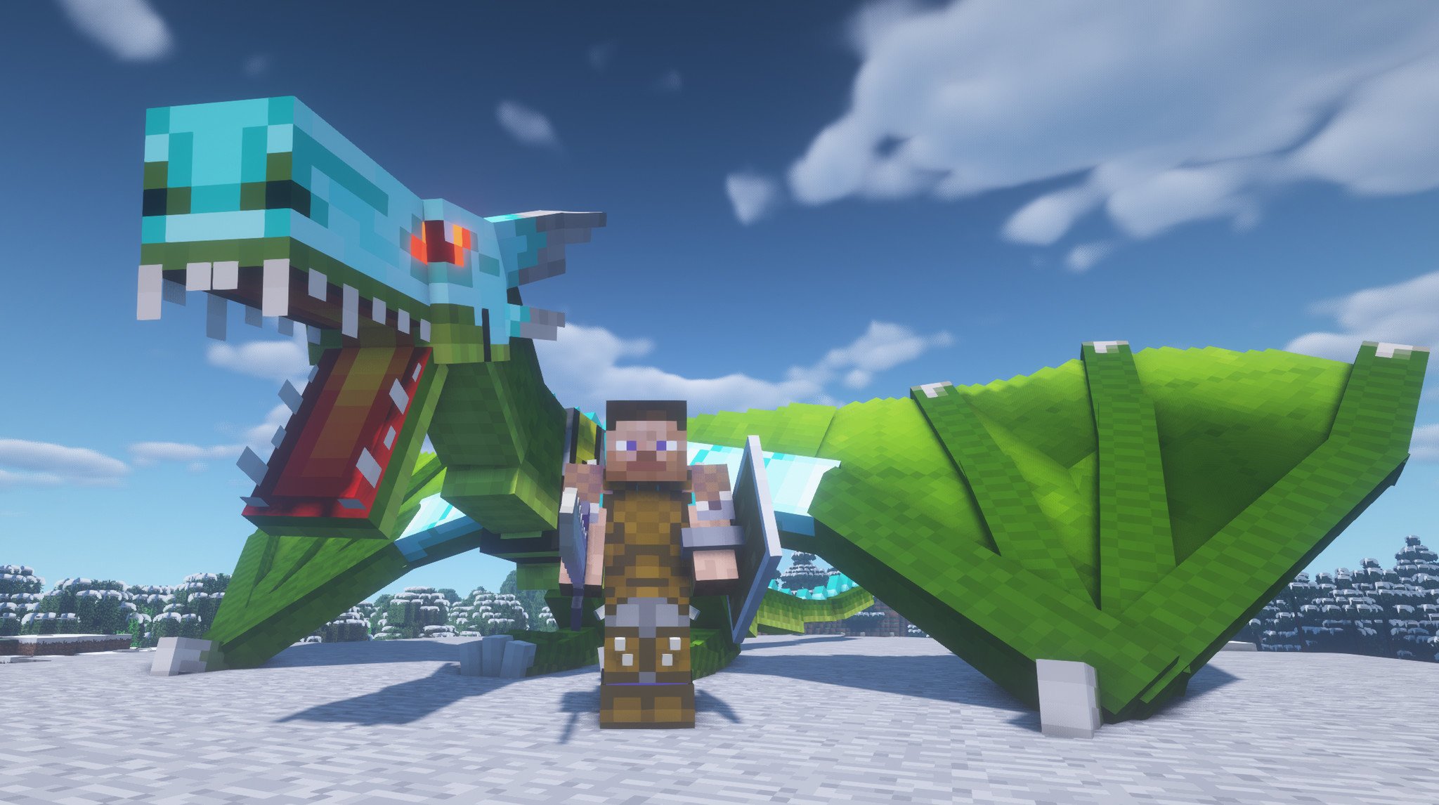 A dragon behind a Minecraft character showcasing the RLCraft modpack