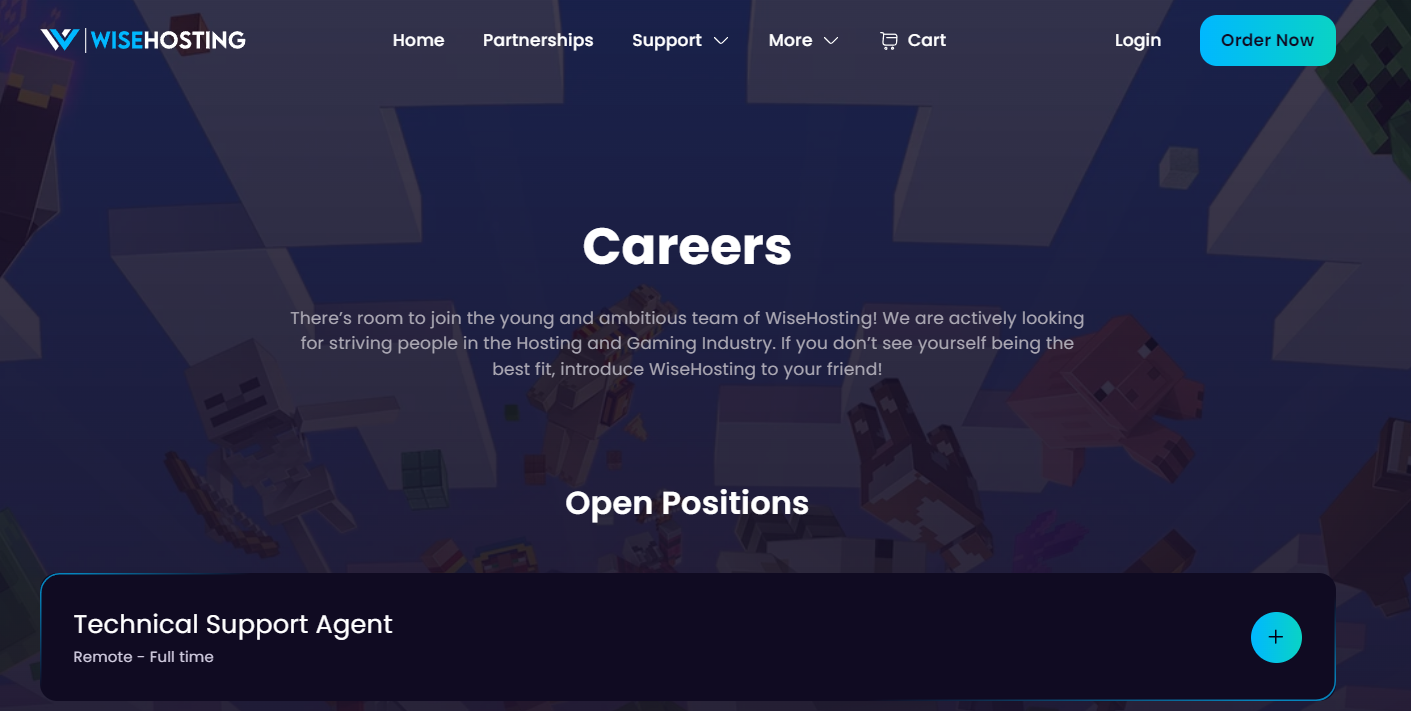 This image showcases the brand new careers or jobs page on WiseHosting.