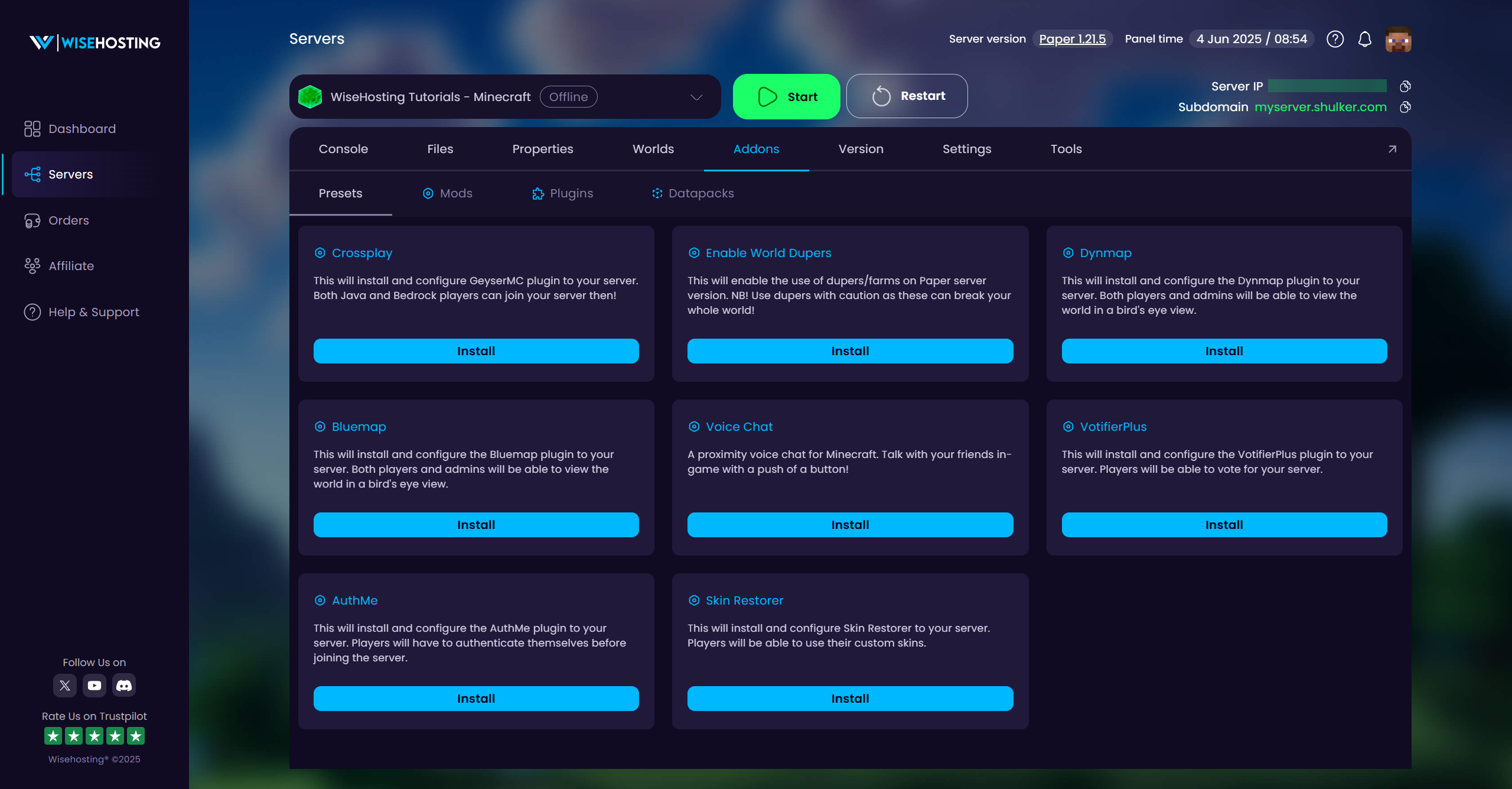Image showcasing WiseHosting's one-click installation presets for various tasks