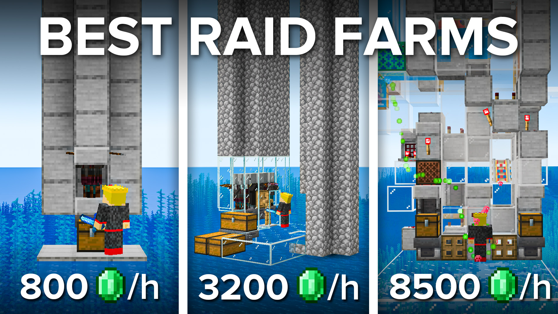 Banner image for the blog post showcasing 3 different Raid Farms in the Shulkercraft video.