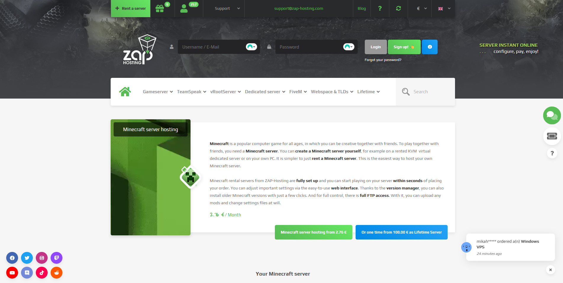 Image showcasing the homepage of Zap-Hosting