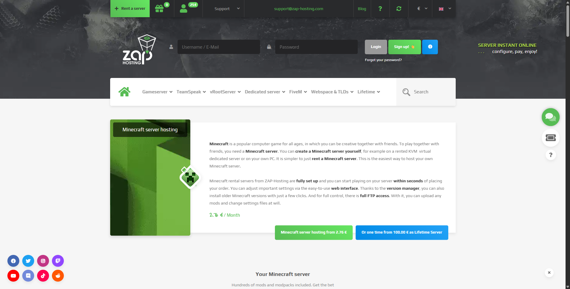 Image showcasing the homepage of Zap-Hosting