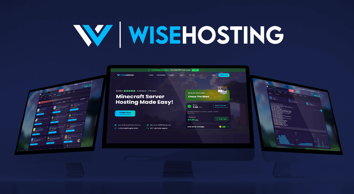 hree-screen display showing WiseHosting's web platform with branding, server dashboard, and plugin management