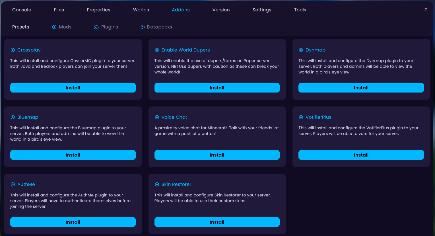 Image showcasing WiseHosting's one-click installation presets for various tasks