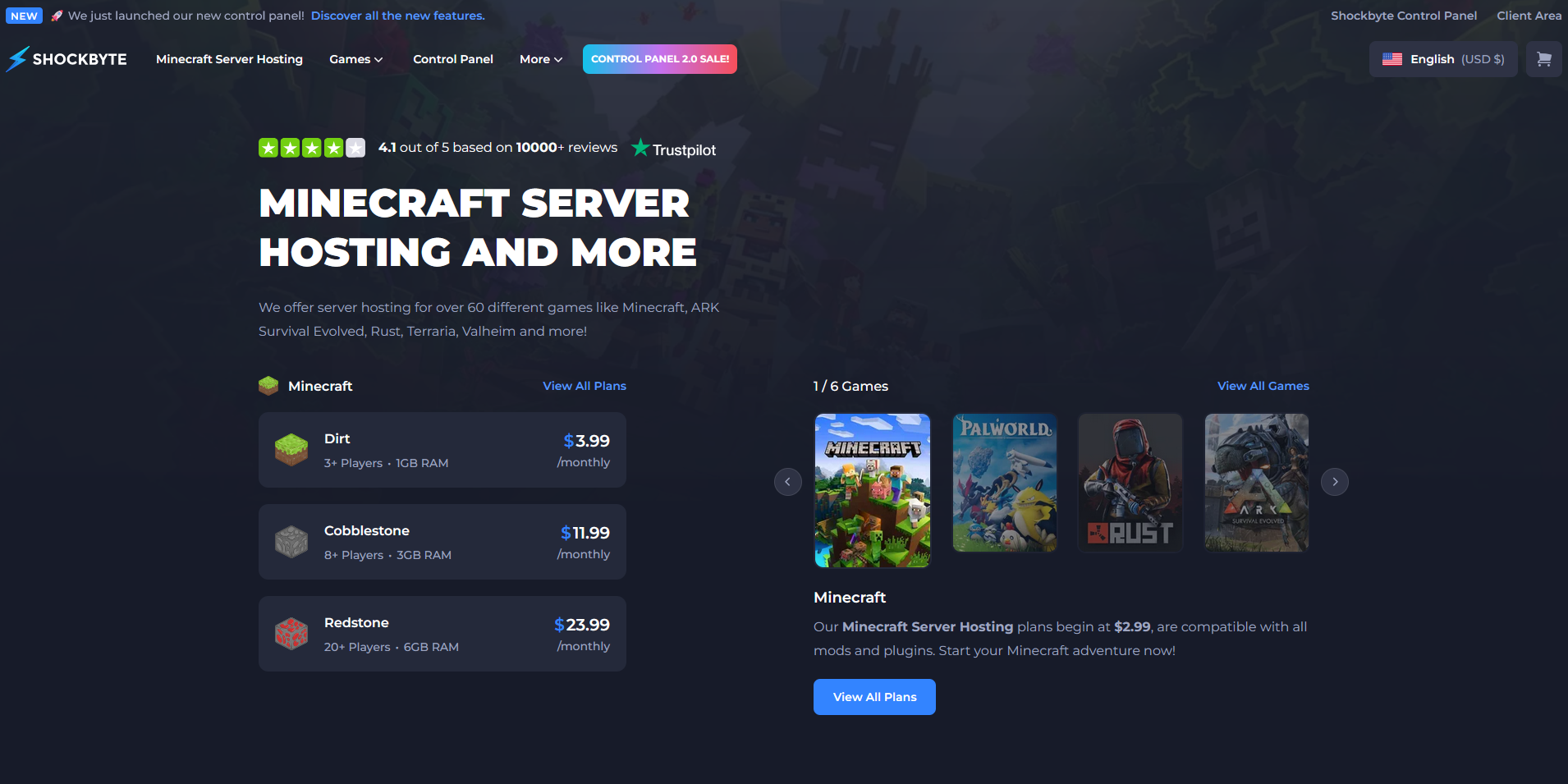 Image showcasing the homepage of Shockbyte