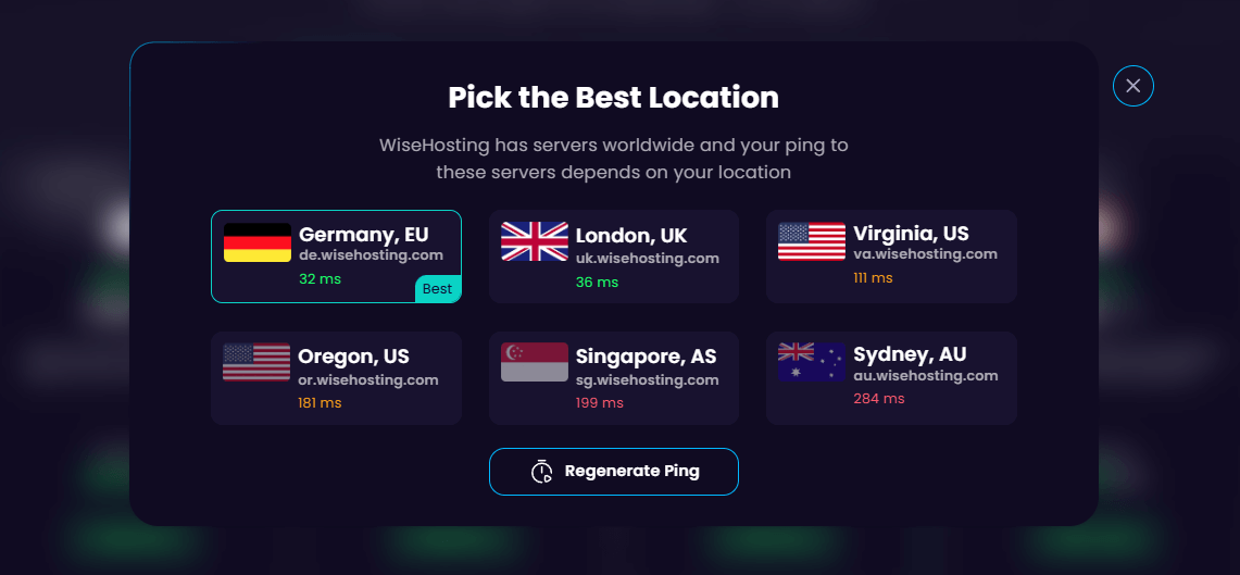 Server location selector with ping times for global data centers from WiseHosting.