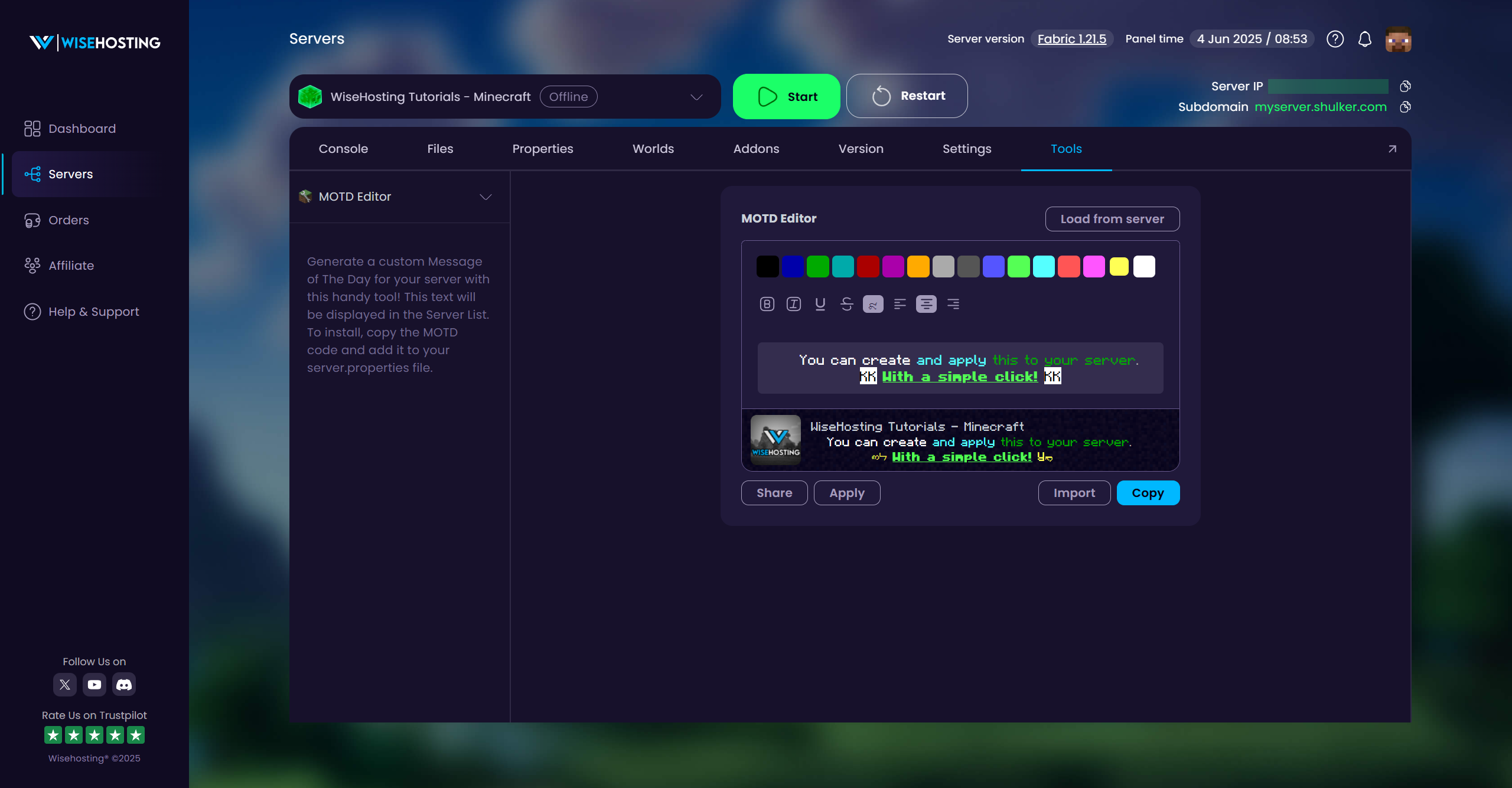 Image showcasing the WiseHosting integrated Tools page and its MOTD Edtior