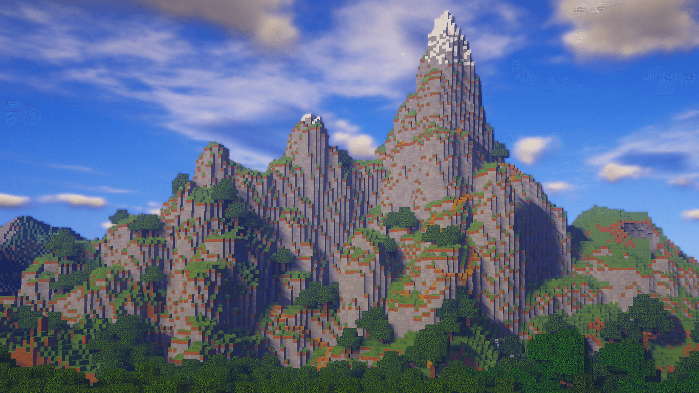 Minecraft terrain with a massive, towering rocky mountain created using the WorldEdit plugin.