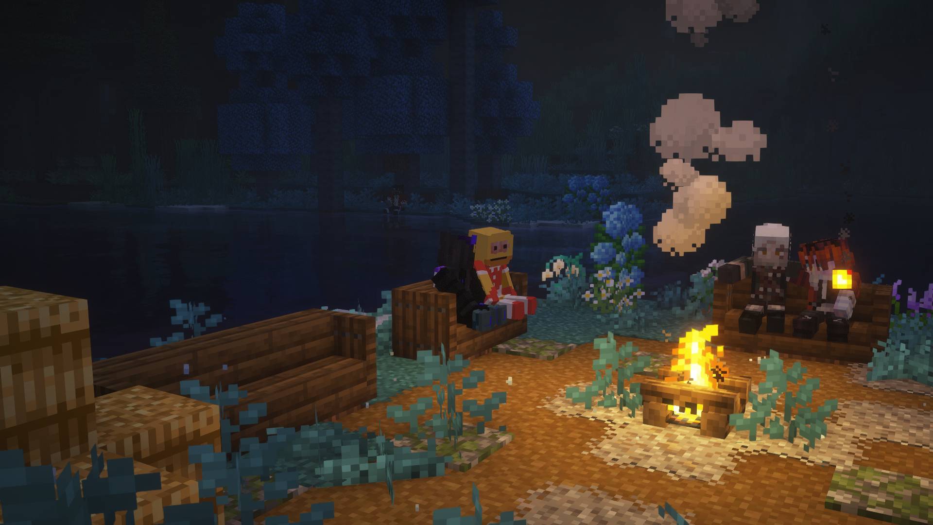 4 Minecraft Players sitting on chairs around the campfire