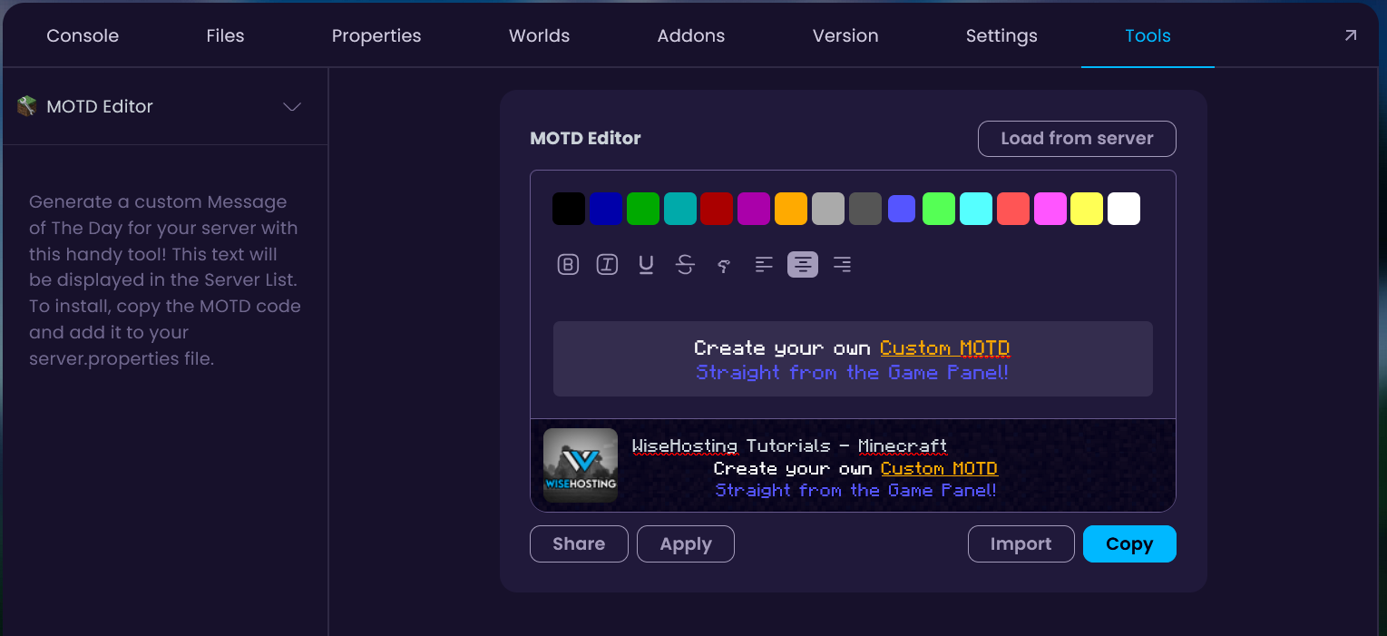 Image showcasing the WiseHosting integrated Tools page and its MOTD Edtior