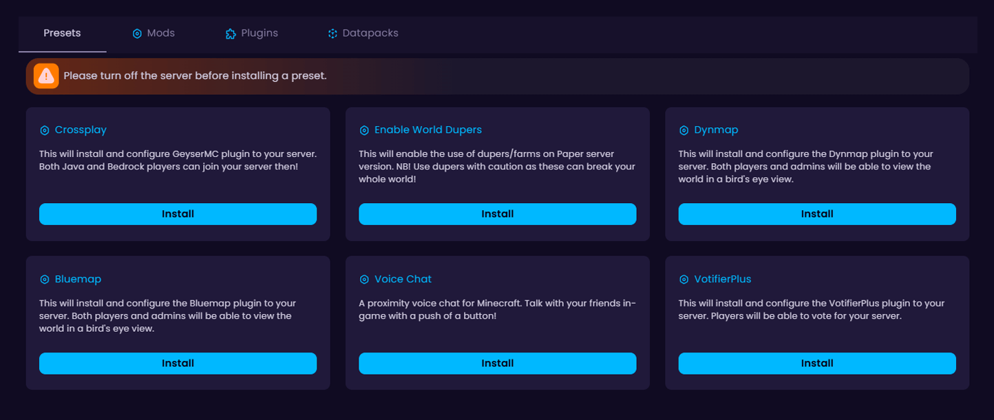 Quick-install server presets including Crossplay, Dynmap, Voice Chat, and World Dupers