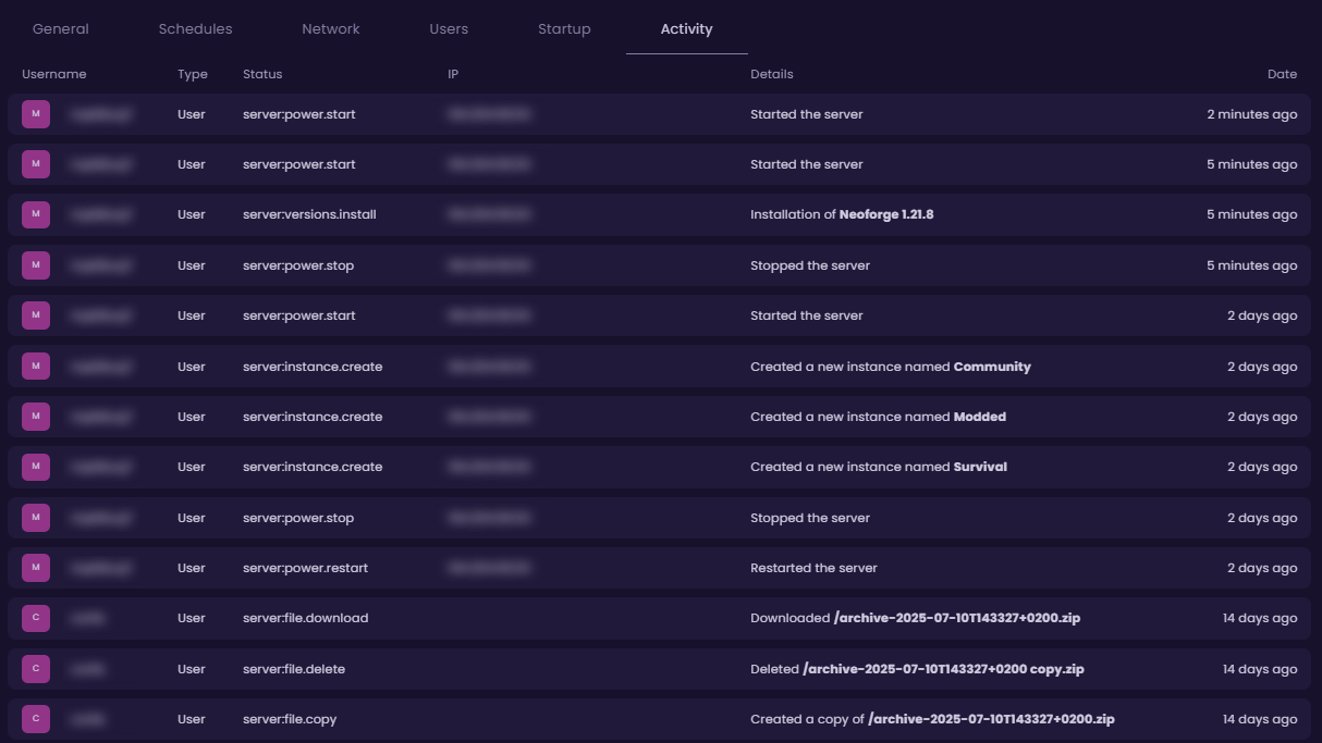 Activity log showing recent server actions like starting, stopping, and mod installations on WiseHosting.