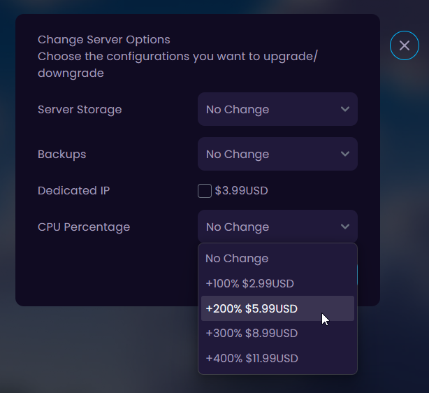 Image showcasing the upgrade options process for additional CPU power
