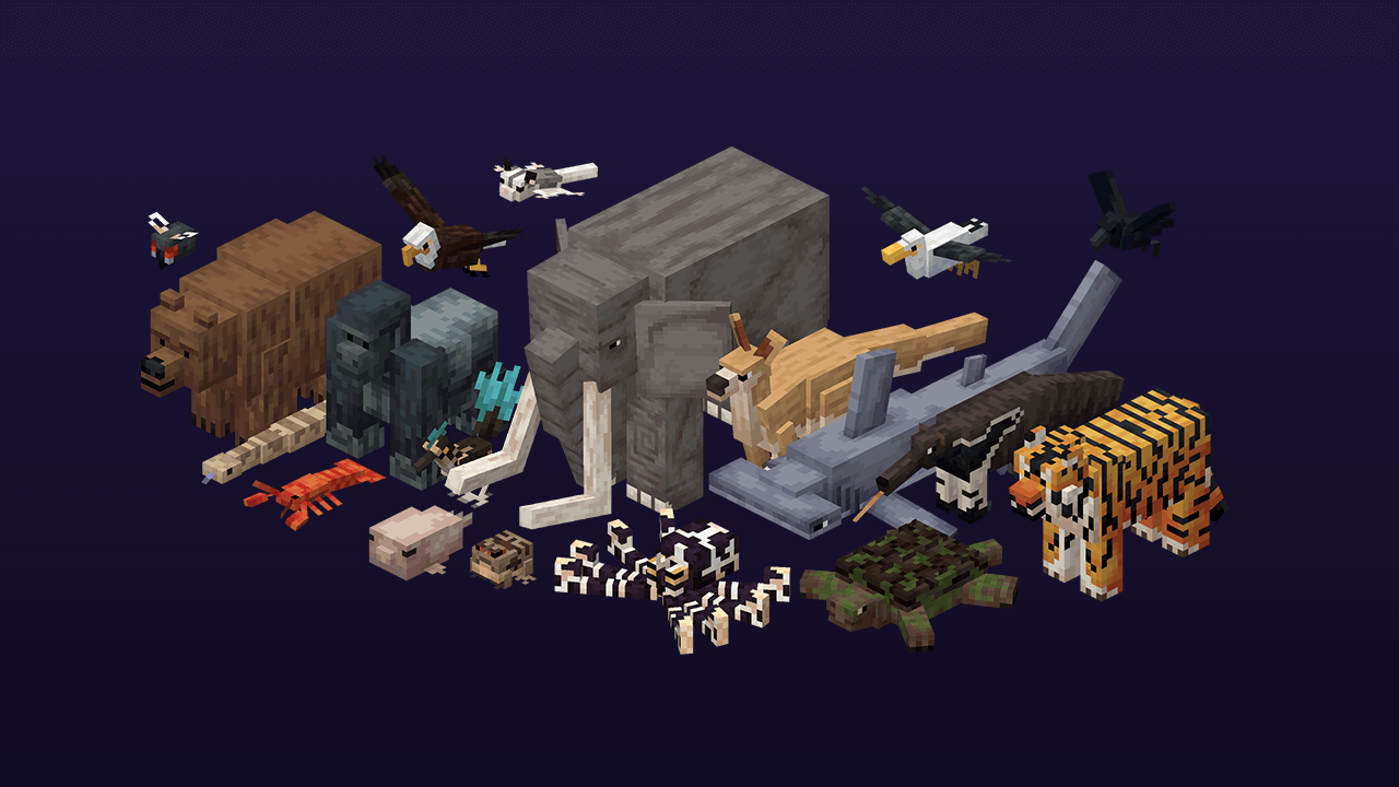 Various new creatures from Alex’s Mobs mod, including tigers, elephants, lobsters, and eagles.