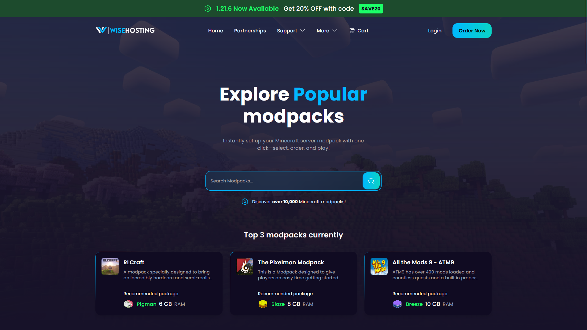 The image representing and showcasing the new WiseHosting's modpacks page.