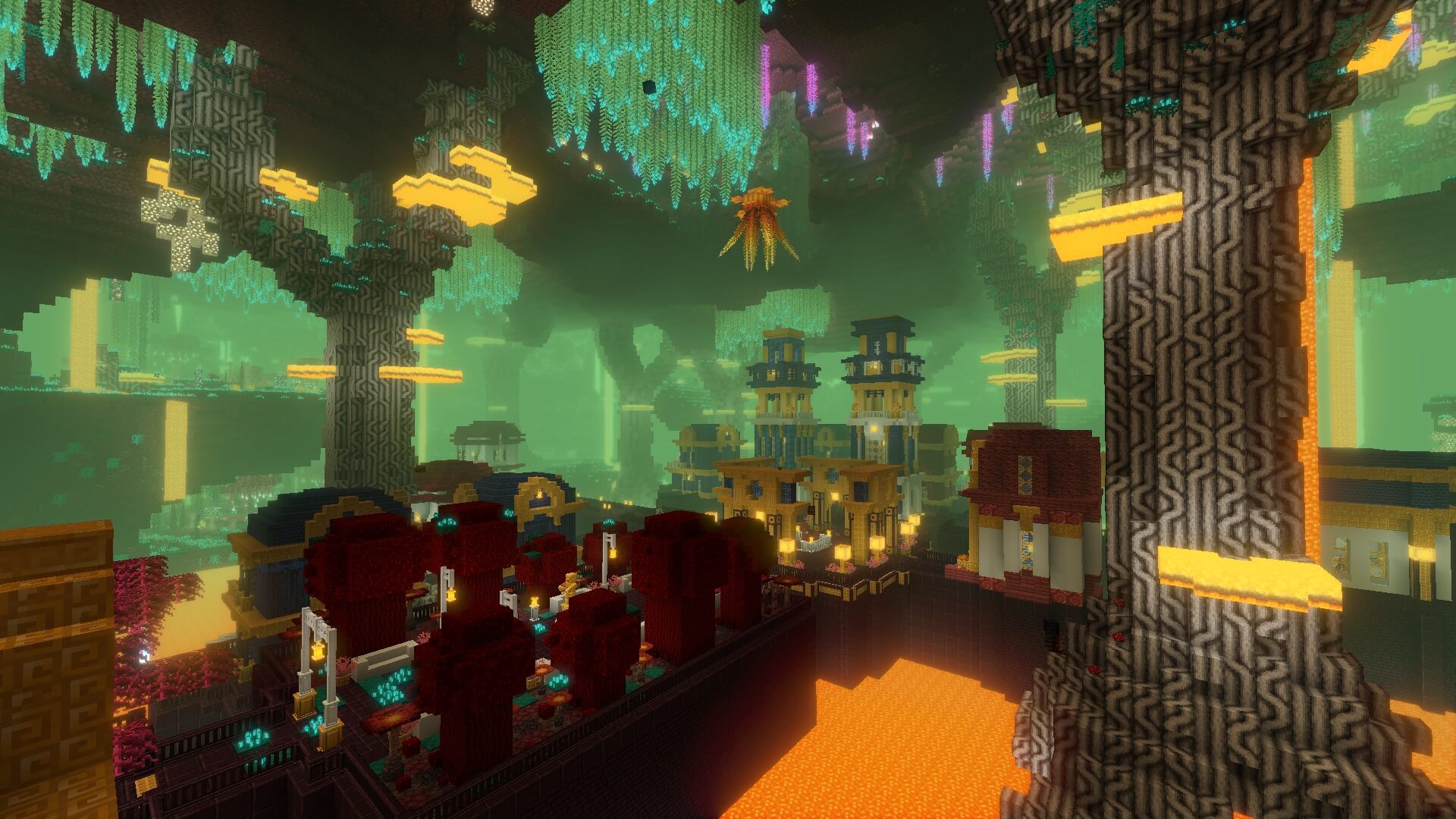 A vibrant, colorful Nether biome filled with glowing plants and detailed structures.