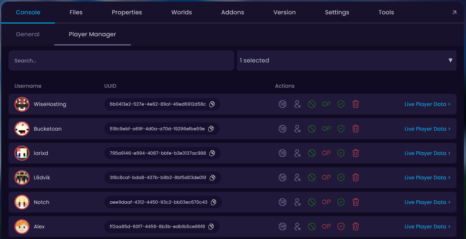 An image showcasing the player list in the Player Manager tab