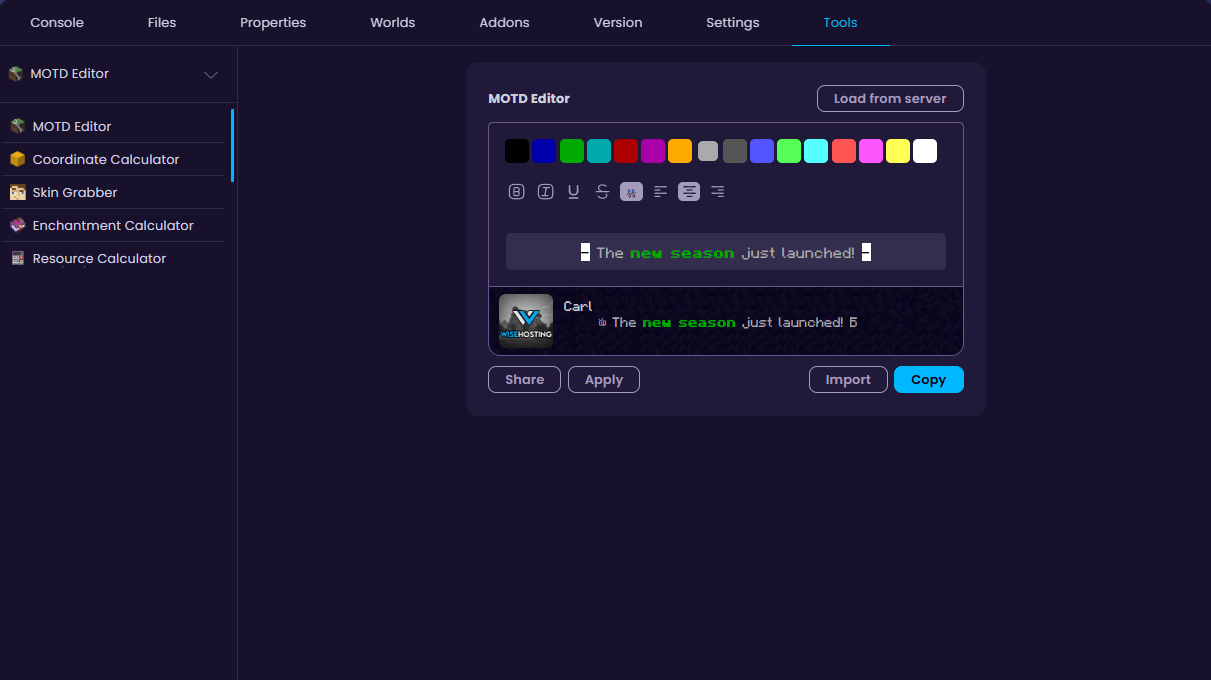 MOTD (Message of the Day) editor with live preview and color customization.
