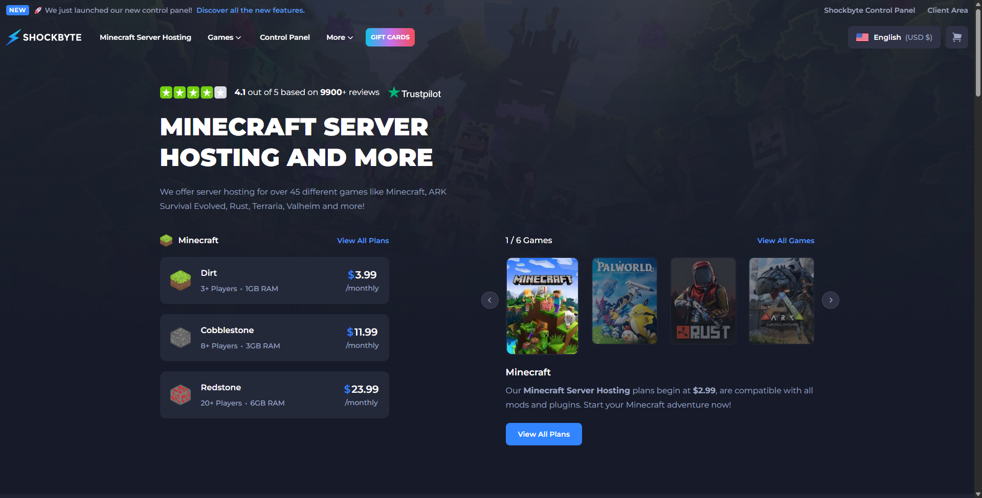 Image showcasing the homepage of Shockbyte