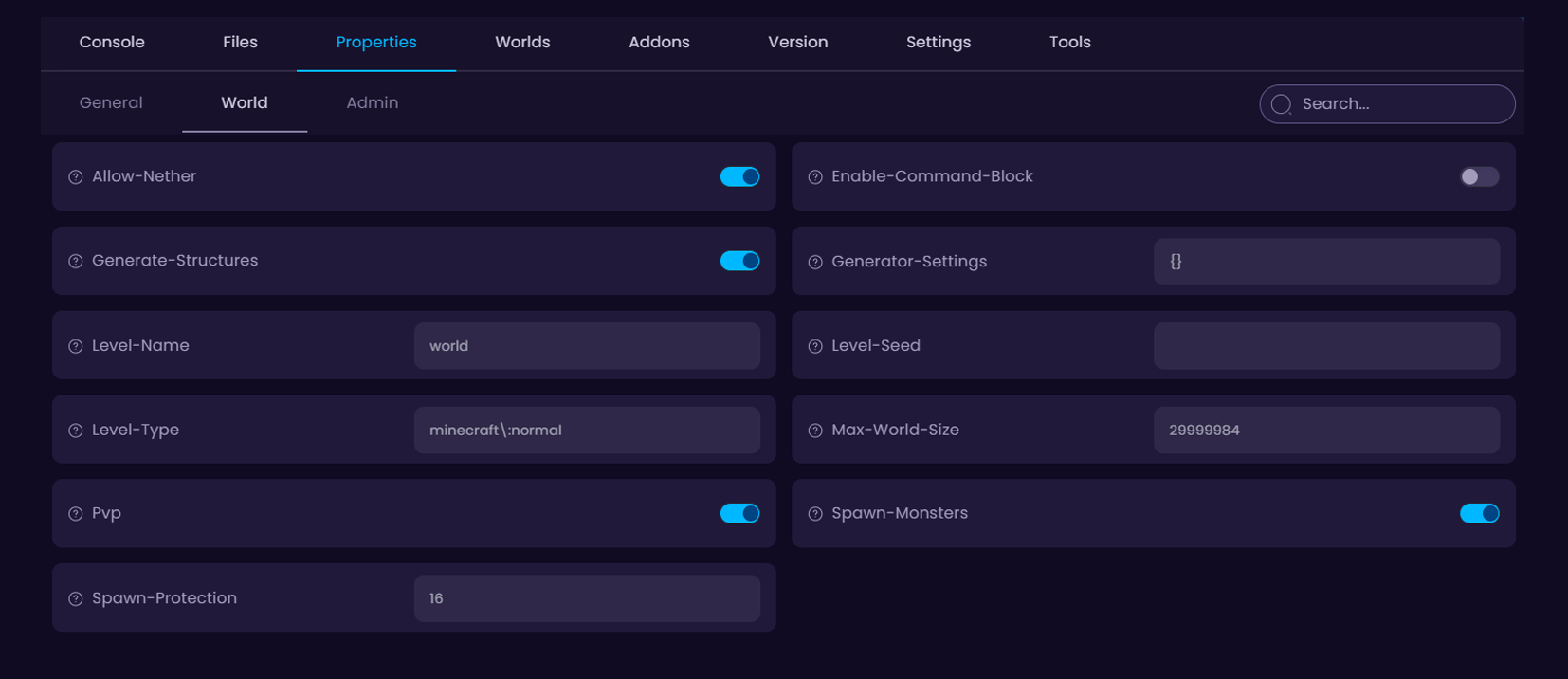 Server properties configuration panel with toggles and inputs for world settings, PvP, command blocks, and more.