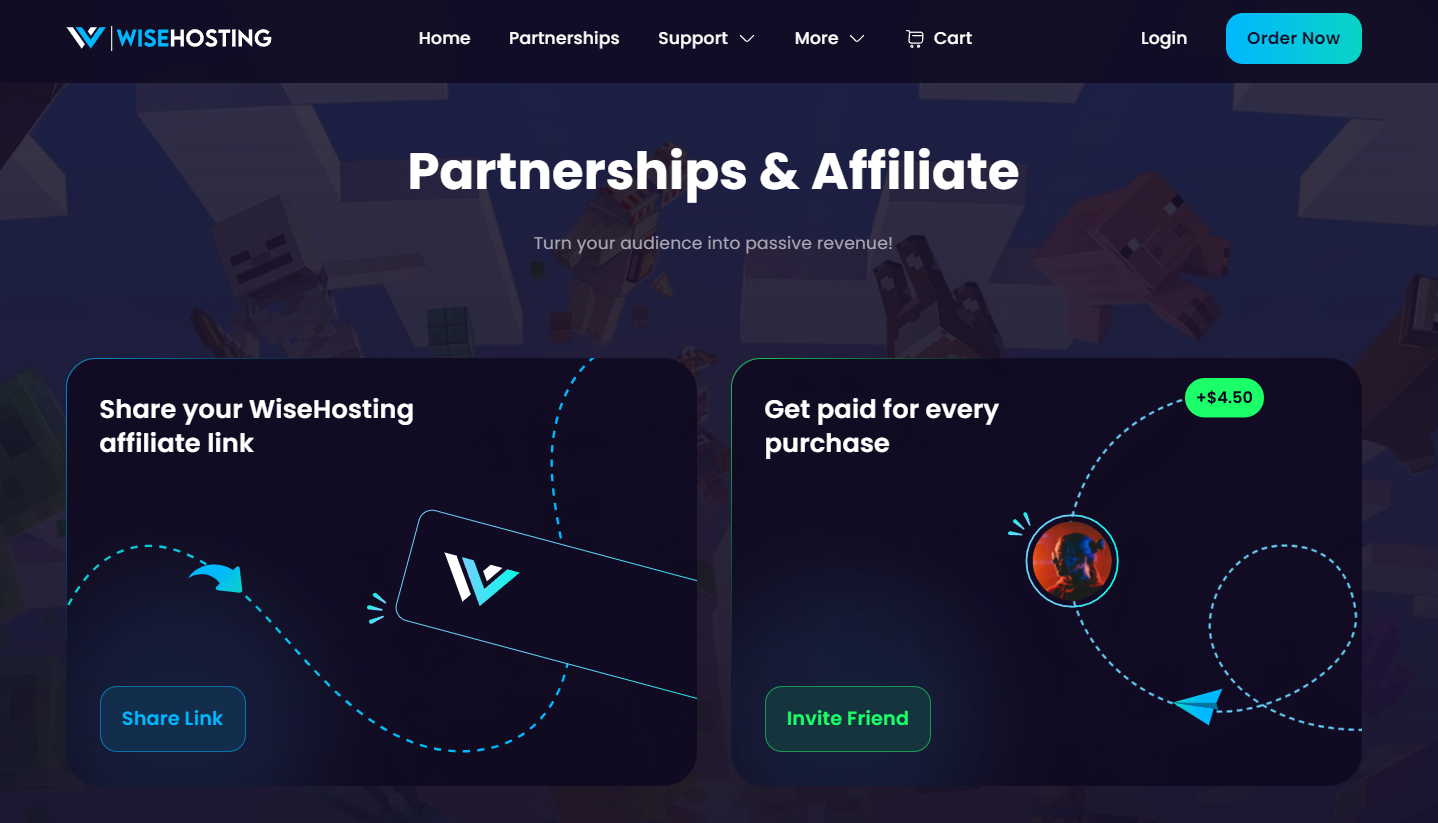 This image showcases the brand new partnerships and affiliates page of WiseHosting.