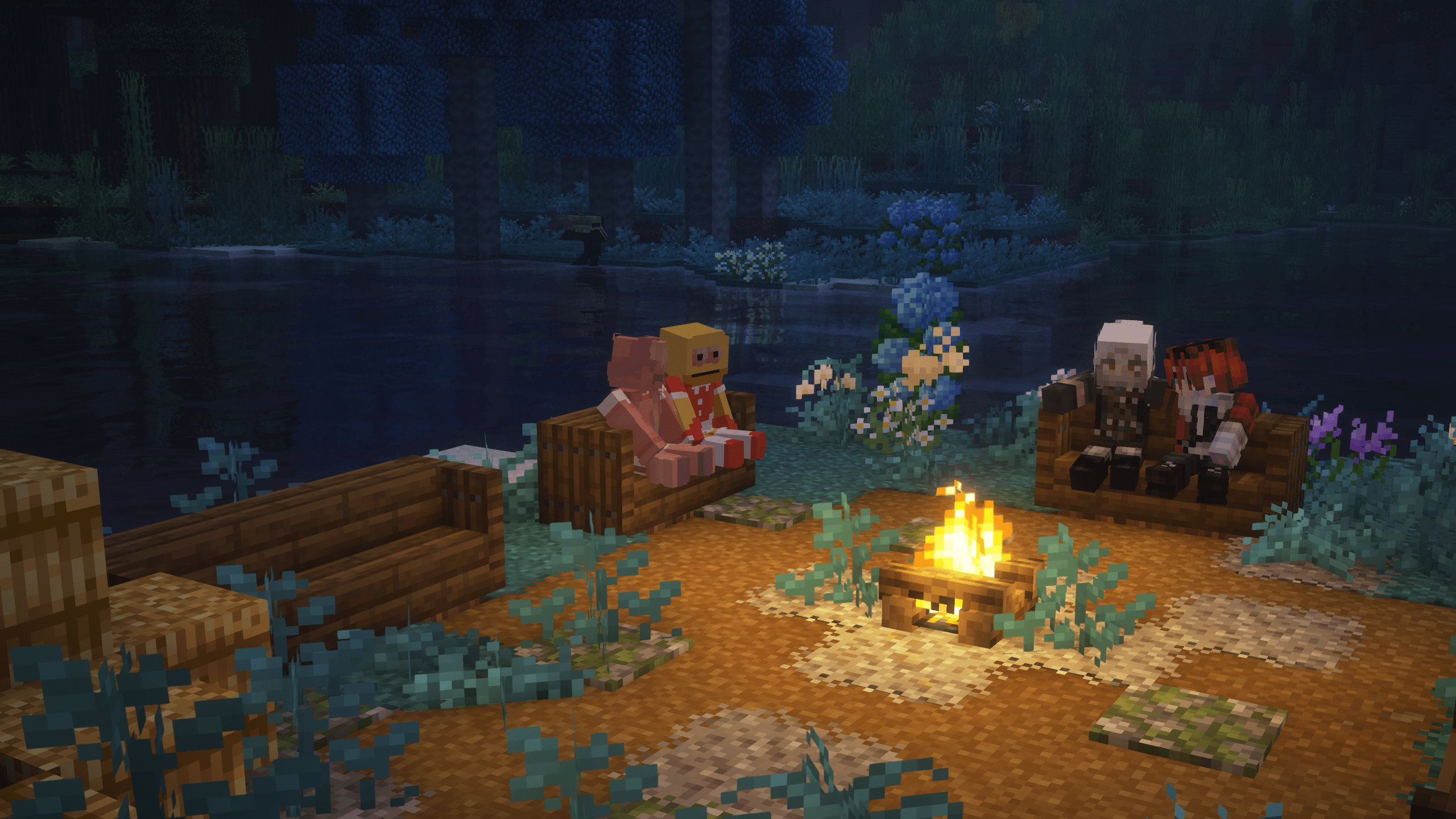 4 Minecraft Players sitting on chairs around the campfire