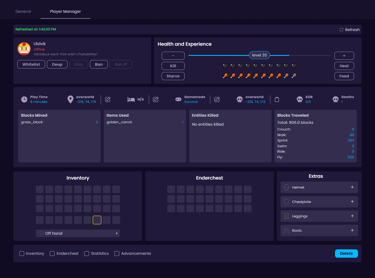 Detailed WiseHosting live player manager showing health, inventory, gamemode, and play stats.