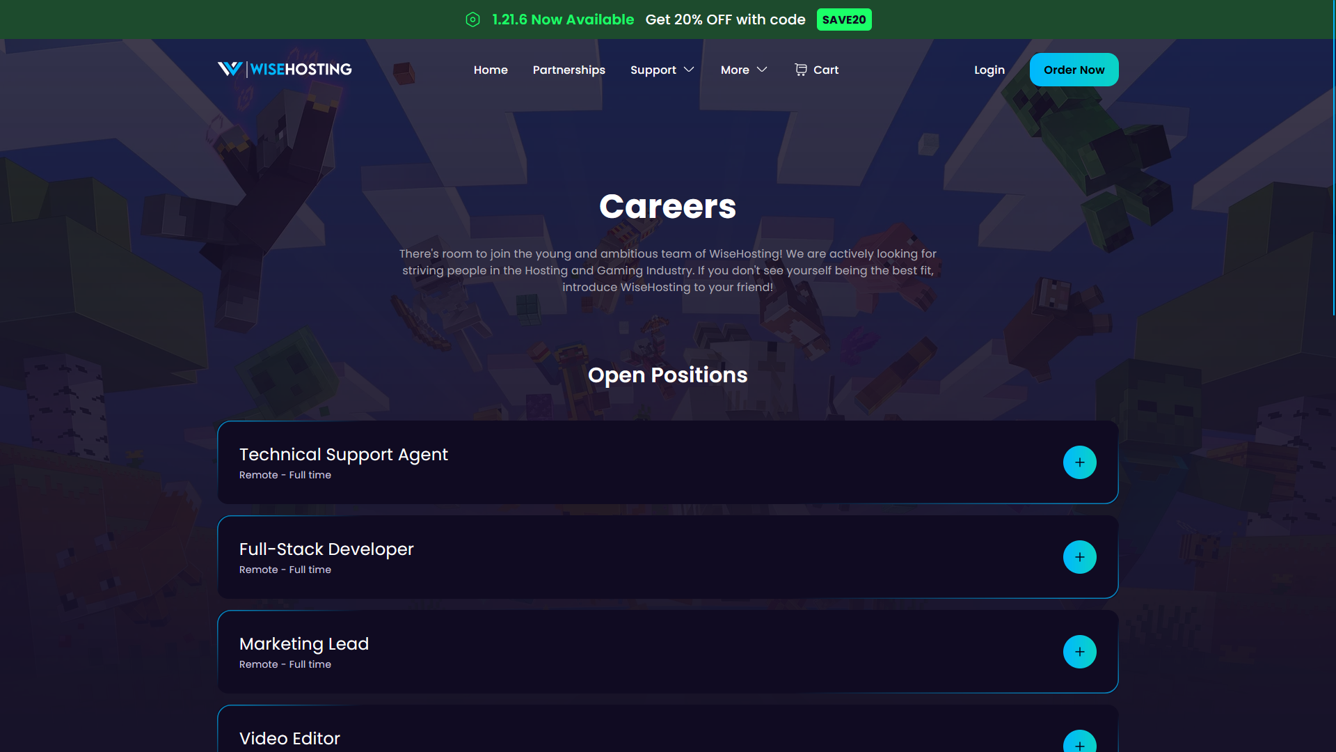 This image showcases the brand new careers or jobs page on WiseHosting.