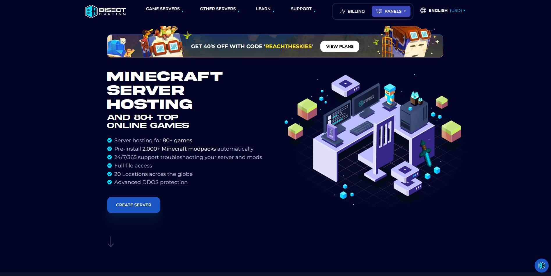 Image showcasing the homepage of BisectHosting