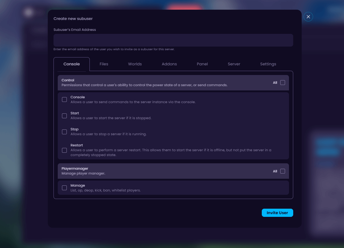 Permission settings interface for inviting a subuser with role-based access controls.