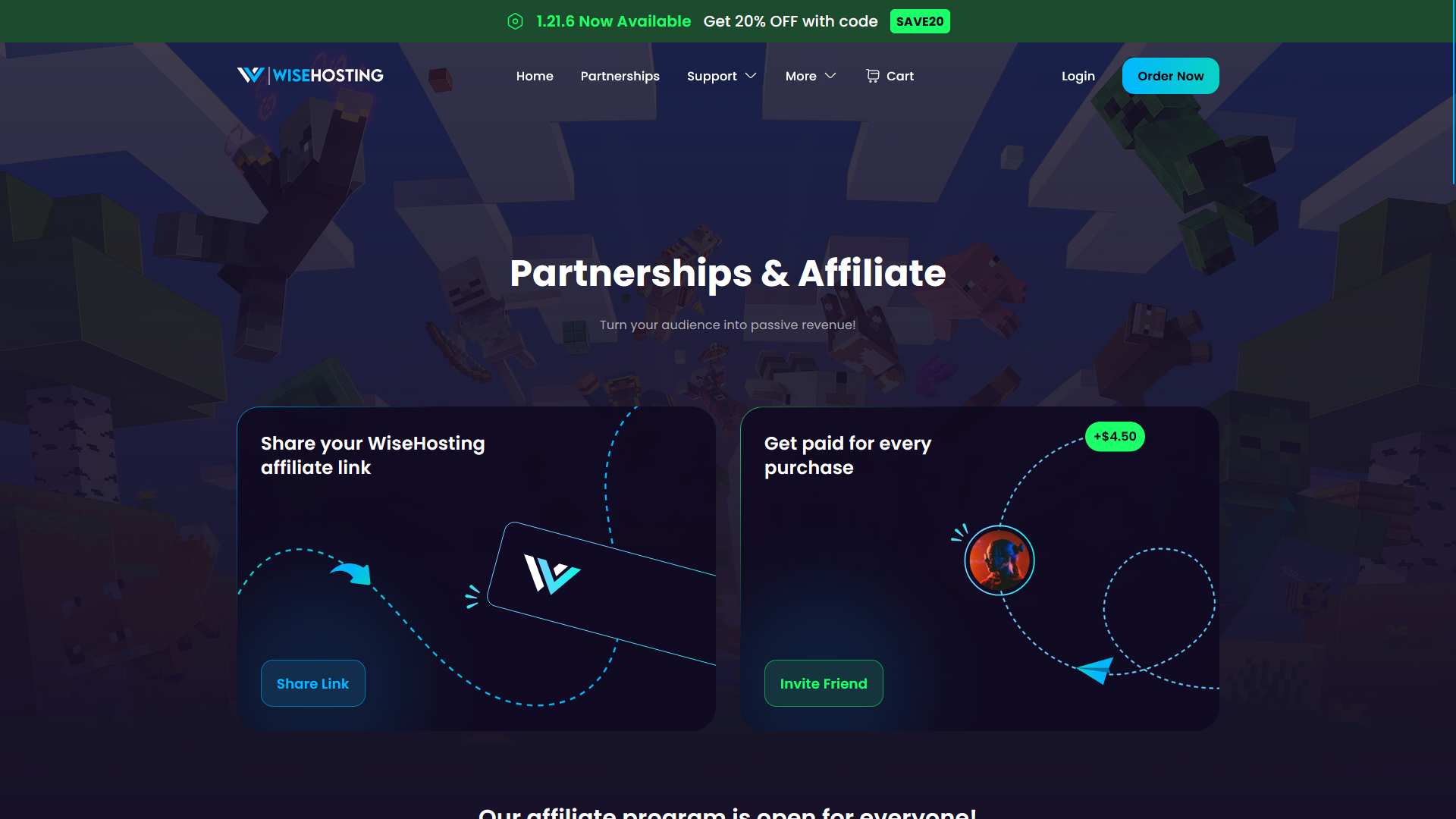This image showcases the brand new partnerships and affiliates page of WiseHosting.