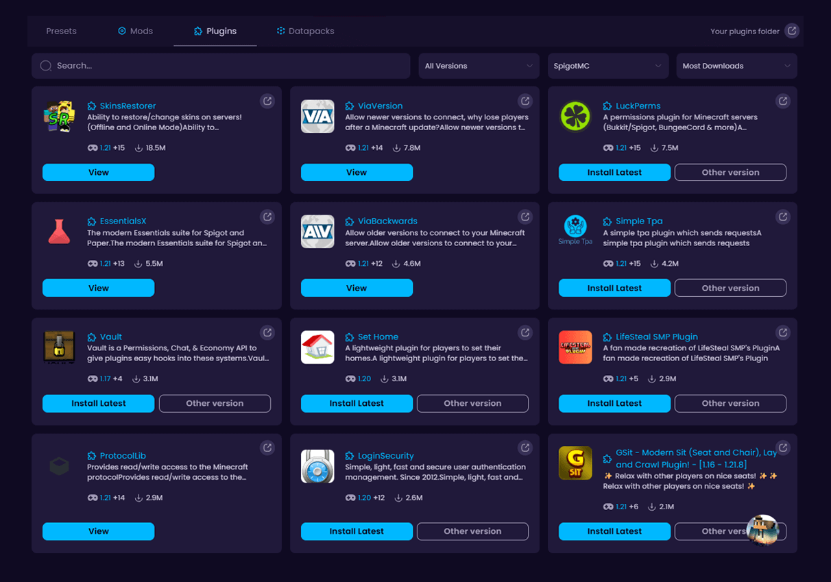 Plugin management interface with options to install or view popular plugins like EssentialsX, LuckPerms, Vault, and more.