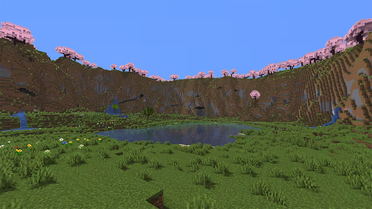 image inside a beautiful Minecraft cherry blossom crater seed