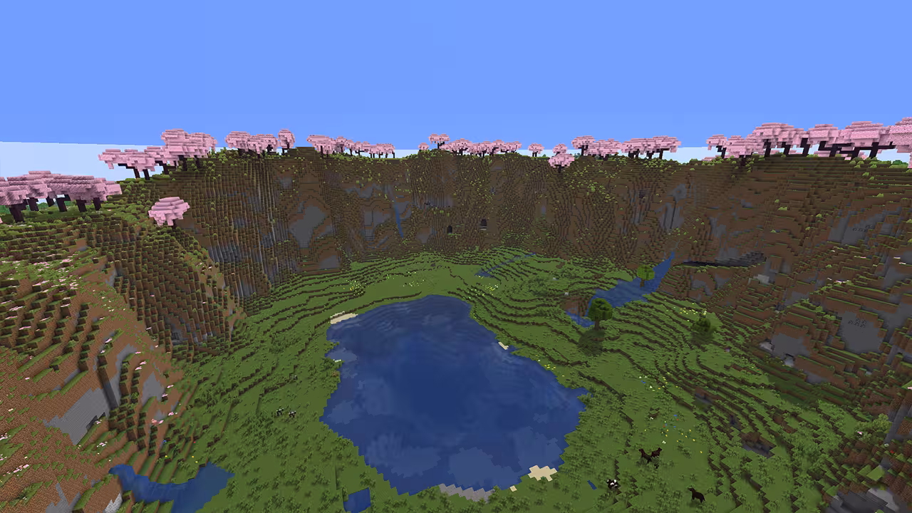 image inside a beautiful Minecraft cherry blossom crater seed