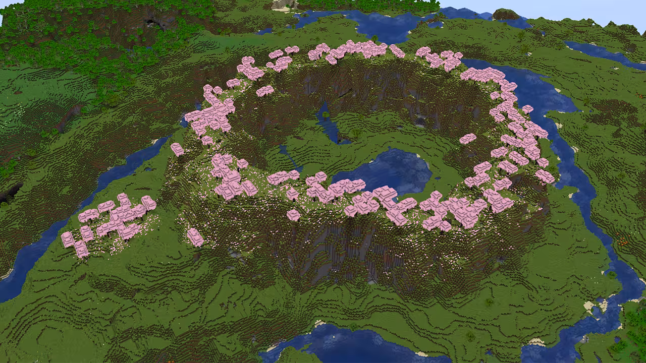 image of a beautiful Minecraft cherry blossom crater seed