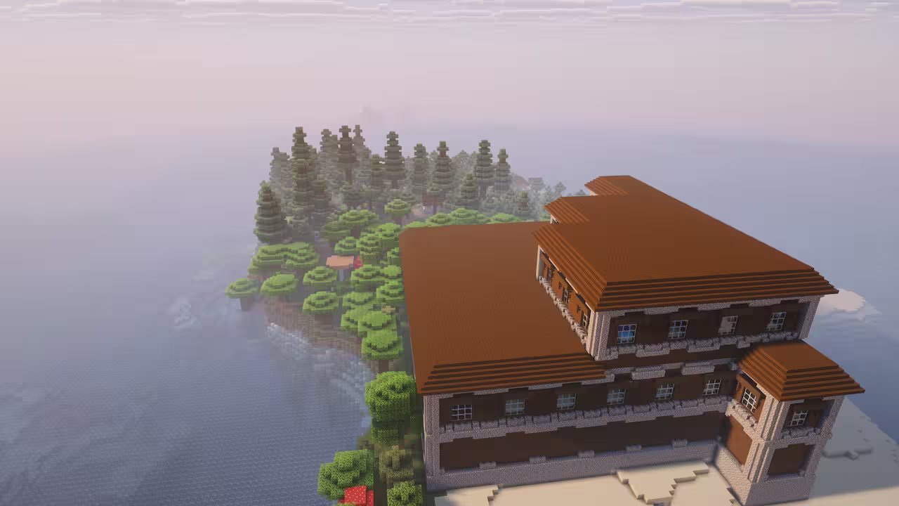 image of an unique minecraft island with important structures