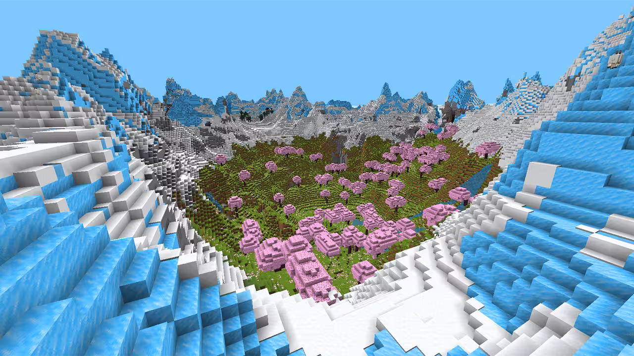 image of cherry blossom biome inside the mountain crater