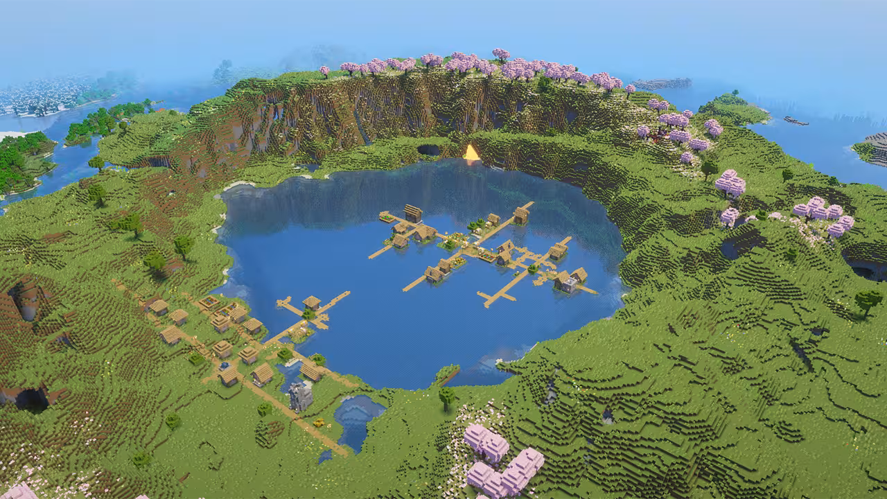 Village on a deep lake surrounded by cherry grove trees