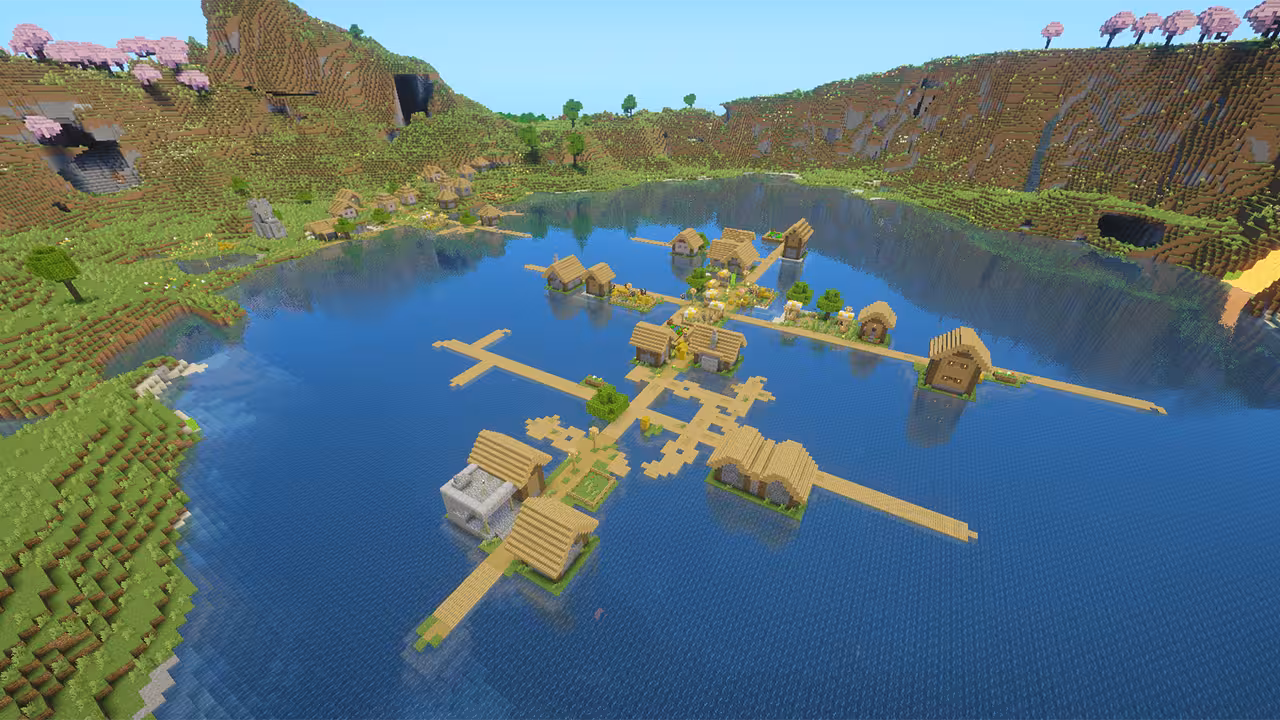 Image of Minecraft village on deep lake surrounded by mountain valley