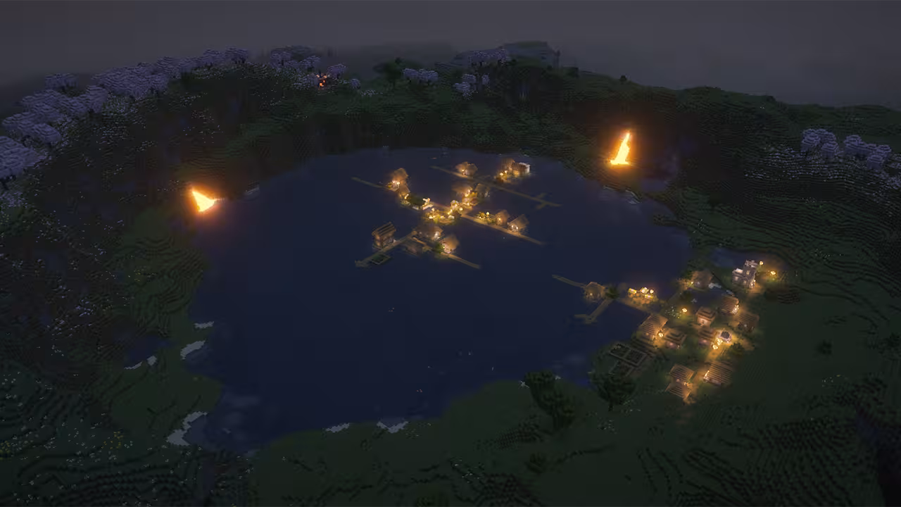 Image of a Minecraft village on the lake during night