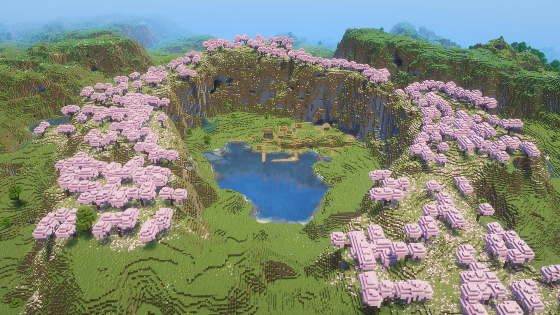 A beautiful lakeside village in a cherry grove valley