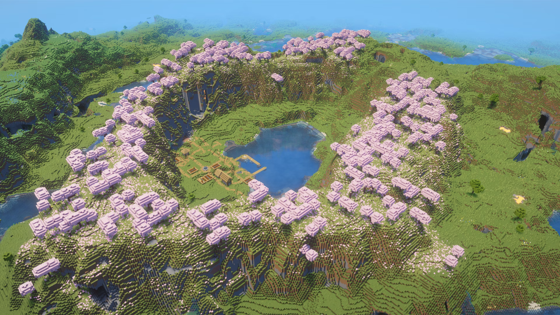 High aerial view of Minecraft crater lake village surrounded with cherry grove trees