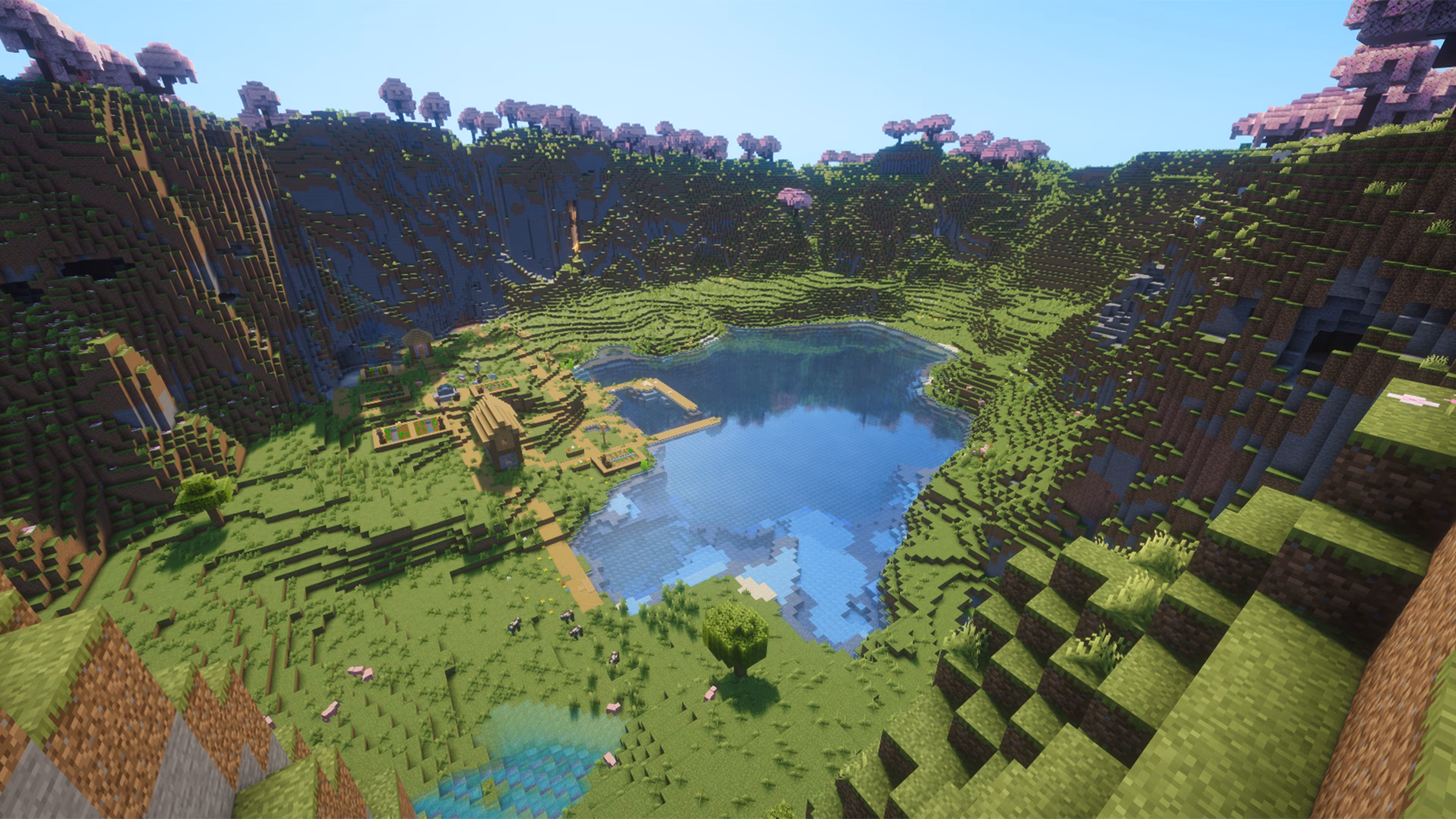 ground-level view of Minecraft lakeside village in the center of the crater