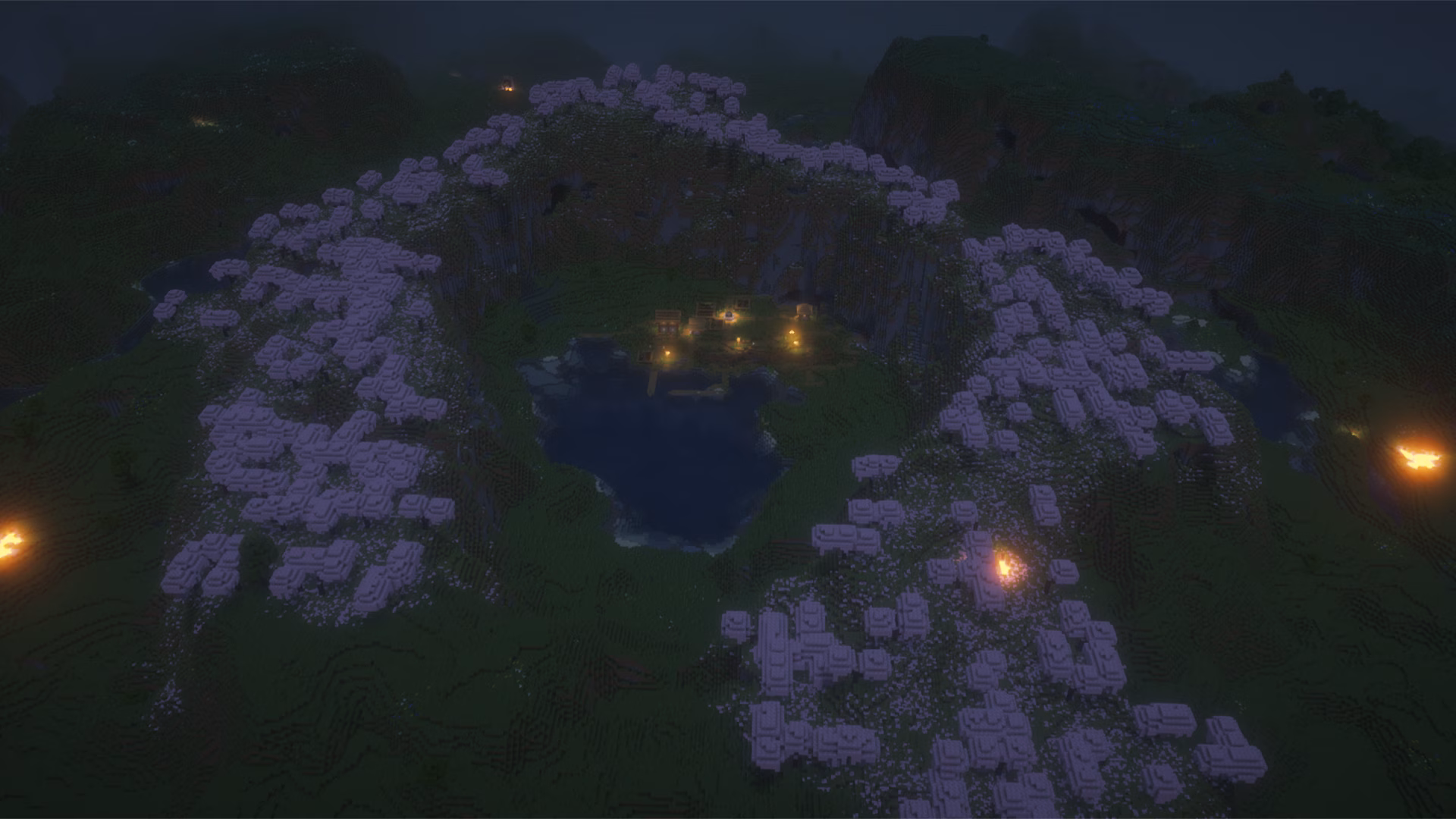 aerial view of Minecraft lakeside village in the center of the crater surrounded with cherry grove trees during night