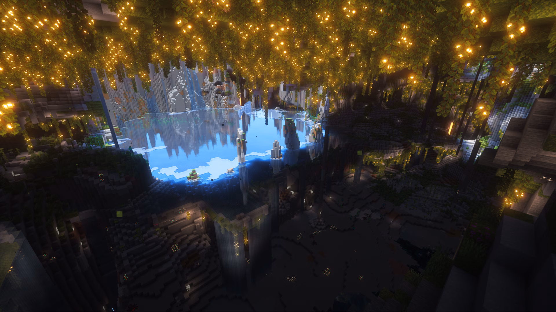 lush cave with frozen crater lake seed in Minecraft