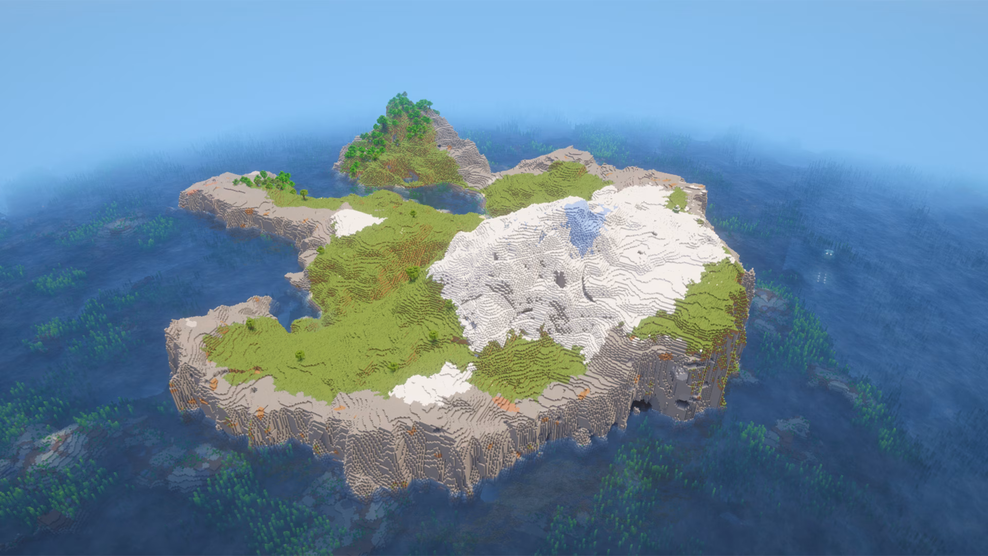 aerial view of island surrounded with cliffs in minecraft